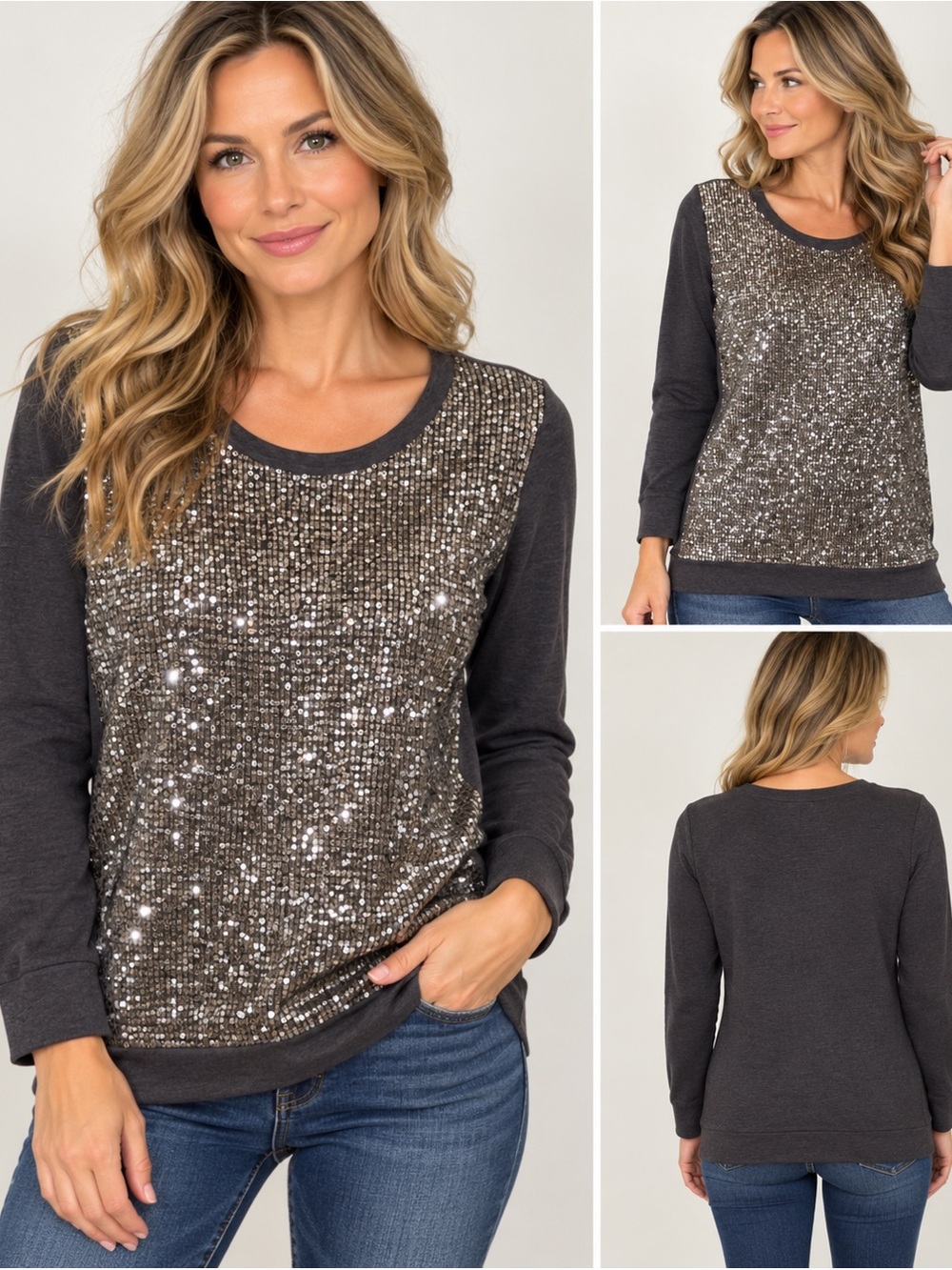 Women’s Charcoal Gray Sequin Front Long Sleeve Sweater